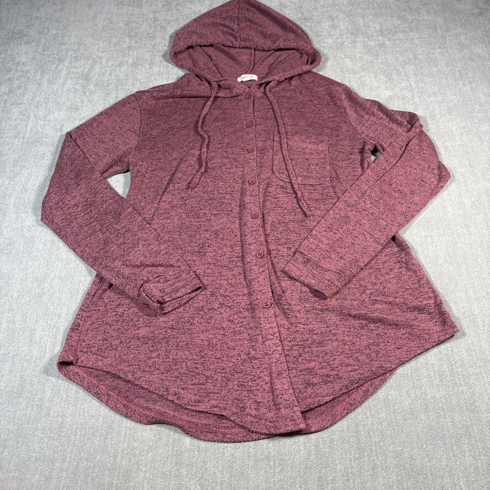 Paper+tee Women Space Mauve Tie Neck Button Front Hoodie M Space Dyed Pullover